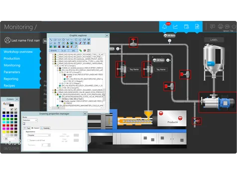 PcVueのHMI/SCADA監視画面とグラフィックエディタのイメージ